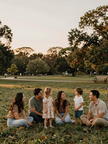 A wide-angle lifestyle photograph of an outdoor family photo session in a North American park during golden hour. The image captures an emotional, authentic moment of laughter, surrounded by the soft textures of nature and a warm, inviting atmosphere.