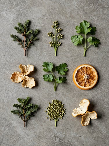 Overhead flat lay on concrete of raw botanicals — juniper, coriander, dried citrus peel — arranged without styling, studio strobe from above, no shadows, distillery floor texture visible at edges