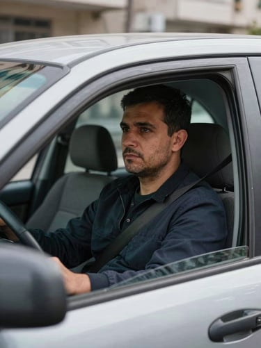 Medium shot of a taxi driver seated at the wheel of a parked cab on an Elazığ street, looking straight ahead at-work, not posed, daylight documentary lighting through the driver's window, steering wheel and dashboard visible in foreground, street scene softly out of focus behind