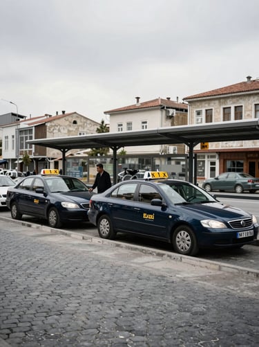 Wide environmental shot of a taxi stand in central Elazığ, two dark blue taxis parked side by side at the curb, city street visible behind them, overcast daylight documentary lighting, driver standing beside the nearest vehicle looking toward the street, cobblestone pavement in the foreground