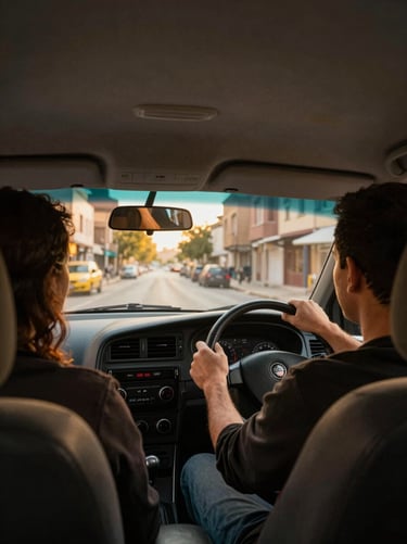 Medium shot inside a taxi cab, passenger view from the rear seat looking toward the windshield, driver's hands on the steering wheel, Elazığ street scene visible through the glass, warm tungsten interior light mixing with golden hour daylight outside, documentary style
