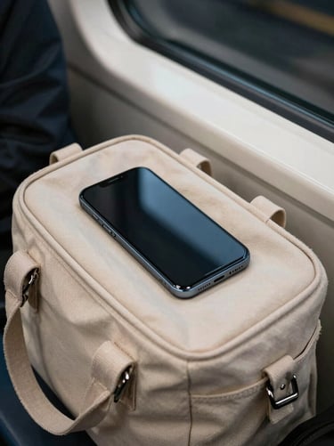 Android phone visible at the top of an open canvas bag on a metro seat, ambient underground lighting mixed with faint daylight from a window, the phone screen dark and locked, surrounding context of commuter life — a jacket sleeve, the edge of a seat — device treated as one ordinary object among many
