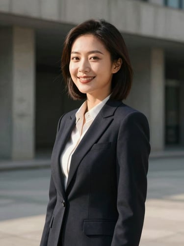Elegant portrait of a professional female lawyer, sharp side-lighting, warm professional smile, architectural concrete background.