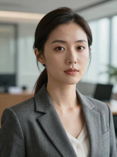 Elegant close-up portrait of a professional female lawyer, sharp natural light, confident expression, modern office background with soft focus.