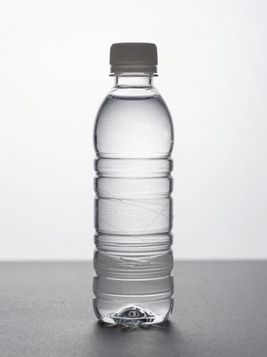 Extreme close-up studio shot of a single 250 ml clear PET bottle standing upright on a matte gray surface, diffused strobe lighting revealing thread precision and wall clarity, white background