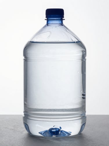 Extreme close-up studio shot of a single 5 liter wide-mouth clear PET jug standing on a matte gray surface, diffused strobe lighting showing handle integration and base footprint, white background