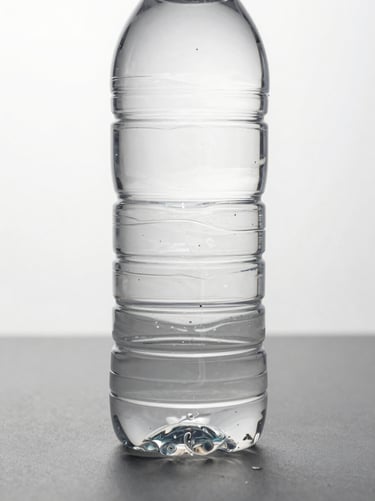 Extreme close-up studio shot of a single 500 ml clear PET bottle standing upright on a matte gray surface, diffused strobe lighting showing molding precision and base stability, white background