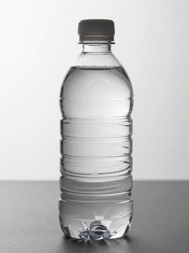 Extreme close-up studio shot of a single 1 liter clear PET bottle upright on a matte gray surface, diffused strobe light emphasizing shoulder geometry and thread detail, white background