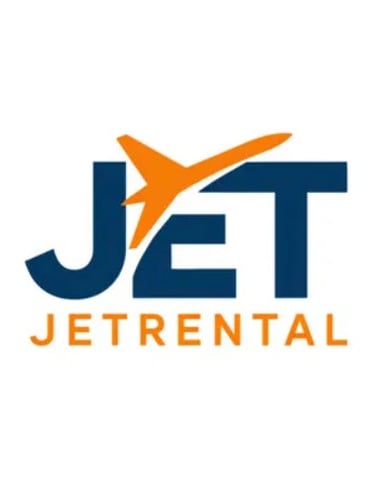 Jet Rental logo featuring a blue typeface with an orange airplane icon over a white background.