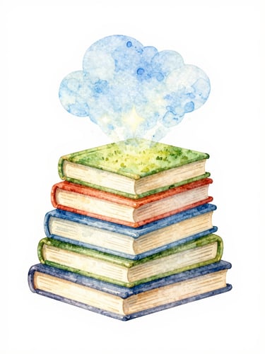 A pile of colorful children books with a small magical spark rising from them, whimsical watercolor illustration, gentle watercolor texture, clean white background, magical children's book style