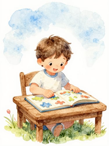 A young child happily solving a puzzle book at a small wooden table, soft daylight, watercolor illustration, gentle watercolor texture, clean white background, magical children's book style