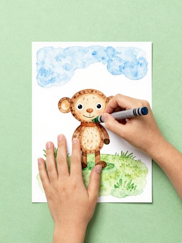 Flatlay of child hands coloring a Bobo character sheet with crayons, watercolor style, soft green background, gentle watercolor texture, clean white background, magical children's book style