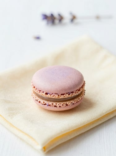 Bright high-key food photography, soft natural daylight, pastel accents, clean white background, close-up of a delicate lavender macaron on a cream yellow linen napkin, 35mm