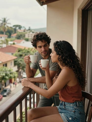 A candid, cinematic shot of a couple enjoying coffee on their balcony in a South American / Brazilian apartment, feeling secure. The composition uses warm tones and professional photographic depth.