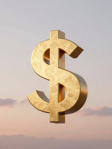 Abstract composition of floating golden geometric shapes representing currency, minimalist, soft crisp white and dusty rose sunset background.