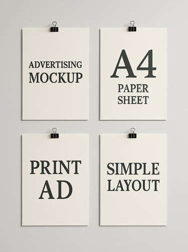 Abstract shot of printed advertising mockups hanging on a white wall. The focus is on the typography and layouts. Soft shadows, professional studio lighting, using #3A3F3B for text on #F8F6F2 paper.