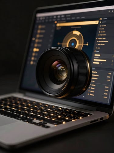 Macro portrait close-up of a sleek laptop displaying a dark luxury interface with glowing gold UI elements, low-key studio lighting, 35mm lens