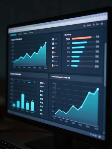 Dark marketing dashboard showing glowing SEO graphs, social media analytics, and performance growth charts on a screen