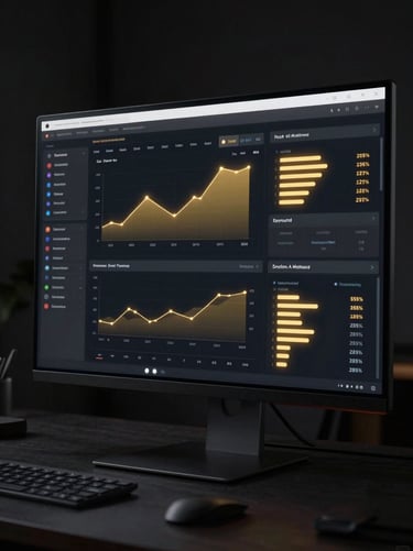 Sleek dark marketing dashboard displayed on a high-end monitor, glowing gold SEO graphs, social media analytics, campaign reports, dramatic highlights