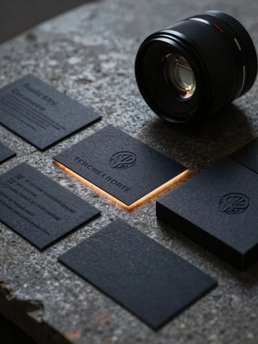 Tactile branding collateral including embossed business cards and premium dark packaging arranged on a textured stone surface, dramatic side lighting, 35mm lens