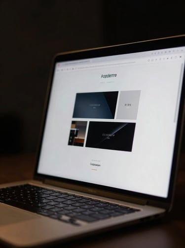 Macro close-up of a premium MacBook display showing an ultra-minimalist luxury website interface, floating UI elements, moody dark studio lighting, gold accents