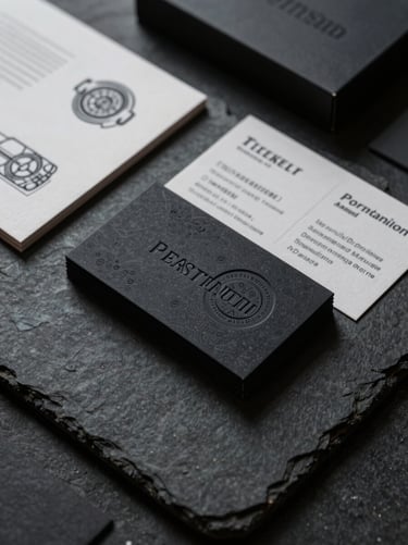 Tactile branding collateral on a dark stone surface, embossed business cards, premium packaging sketches, elegant brand guidelines, low-key shadows