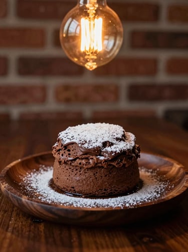 Warm editorial photography of a fresh chocolate soufflé on a dark wooden plate, dusted with powdered sugar, soft amber Edison bulb lighting, shallow depth of field
