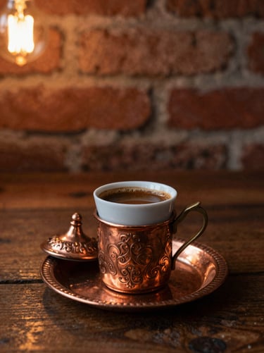 Traditional Turkish coffee served in a vintage copper cup with a lid on a matching copper tray, warm low-key lighting, rustic wooden background