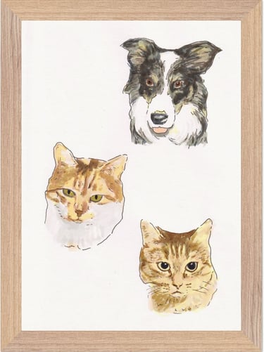portrait couleur style BD de chien et chats imprimés sur poster encadré bois FSC