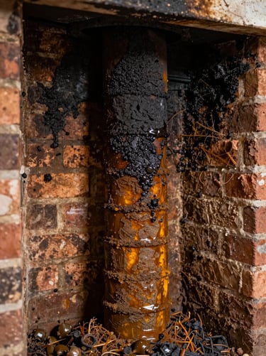 Close-up interior flue photograph showing thick creosote buildup coating the brick walls, dark amber and black deposits, ambient daylight from above, no people