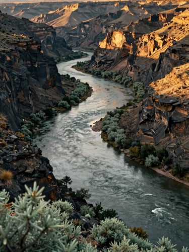 A wide shot of a winding river through a North American / US canyon. The lighting is golden and warm, highlighting the sage green brush and charcoal cliffs. Professional nature photography with a clean, sophisticated feel.