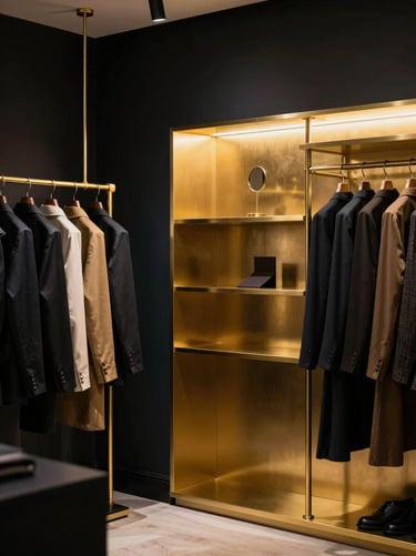 Bespoke luxury atelier showroom in London, soft warm lighting reflecting off brass fixtures and rich fabrics