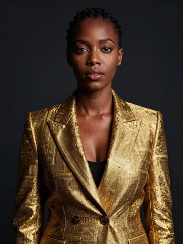 Sharp editorial portrait of an African female creative director in Houston, wearing a structured gold-accented blazer, confident expression