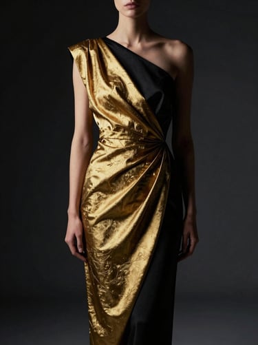 High-fashion editorial capture of a structural, avant-garde gold and black drape dress, dramatic high-contrast studio lighting