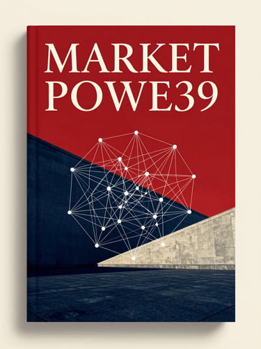 Minimalist book cover layout on a stark red background, featuring a complex white network node diagram, sharp serif typography reading 'MARKET POWER'.