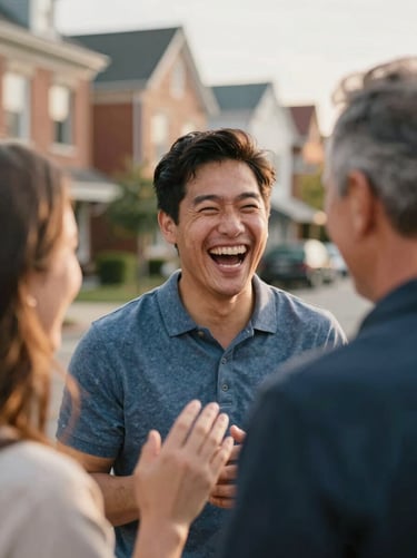 A close-up shot of an adult participant laughing and celebrating a milestone with their mentor in a warm, inviting Columbus neighborhood setting, shallow depth of field, 35mm lens.