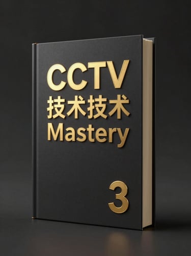 A high-fidelity 3D book mockup of 'CCTV Technician Mastery' standing upright, dark charcoal cover with sharp gold typography, dramatic gold rim-lighting, 85mm macro lens
