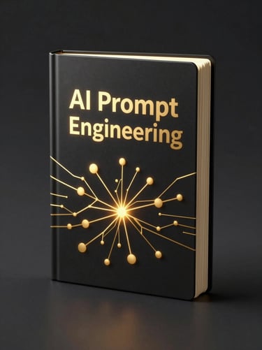 A high-fidelity 3D book mockup of 'AI Prompt Engineering' standing upright, dark charcoal cover with glowing gold neural network graphics, sharp gold rim-lighting, 85mm macro lens