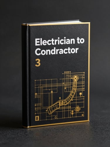 A high-fidelity 3D book mockup of 'Electrician to Contractor' standing upright, dark charcoal cover with an elegant gold architectural blueprint design, sharp gold rim-lighting, 85mm macro lens