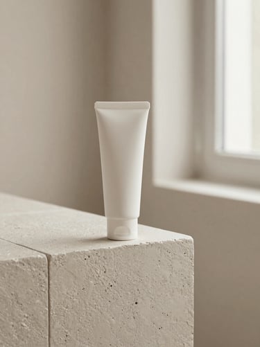 Minimalist skincare packaging resting on a textured plaster tile, soft diffused daylight, muted warm neutral tones, editorial composition
