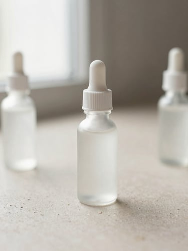 Macro studio shot of clean, minimalist apothecary bottles on a neutral stone surface, soft natural side lighting, 35mm lens