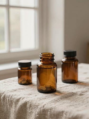 Organic wellness supplements in amber glass jars on a raw linen cloth, soft warm window light, editorial still life