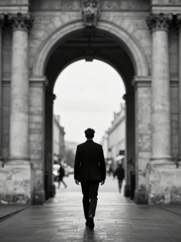 A black and white cinematic still of a silhouette walking through a grand archway in Bordeaux. High contrast between #0A0A0A shadows and #ECF0F1 highlights. Elegant, timeless, and visually storytelling.