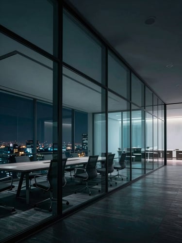 A wide, cinematic shot of a modern glass-walled conference room at night, with city lights visible in the distance. The interior is decorated in deep space navy and muted sea teal tones, reflecting a trustworthy corporate environment.