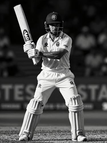 Black and white intense portrait of a legendary Australian cricket captain, dramatic shadows, sharp focus, 35mm lens.