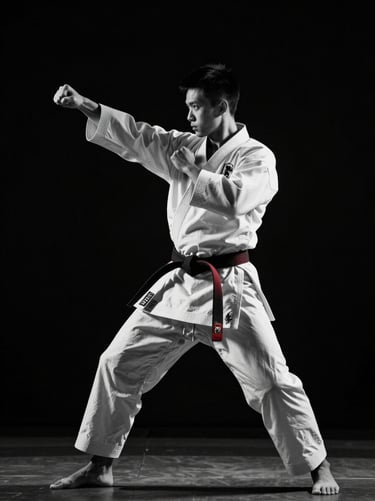 Black and white dramatic action portrait of a karate grandmaster mid-strike, high-contrast lighting, dark background.