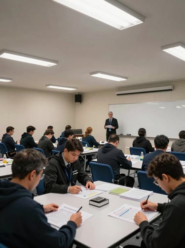 Wide-angle view of a government training workshop room, participants seated at tables reviewing printed course materials under even institutional fluorescent lighting, facilitator standing at whiteboard, documentary framing