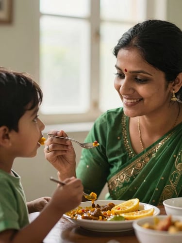 Close-up of a smiling Indian mother feeding her child a colorful home-cooked meal, warm morning light, shallow depth of field