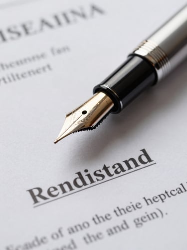Macro close-up of a high-quality fountain pen resting on a clean, official legal certificate, soft professional office lighting, projecting order and legality.