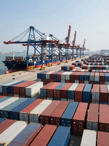 Wide panoramic view of a commercial container port at midday, rows of stacked shipping containers in the foreground, a large cargo vessel docked to the left, cranes and infrastructure stretching to the horizon, clear natural daylight